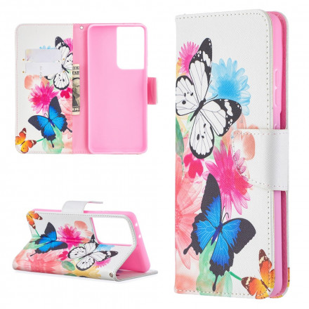 Housse Samsung Galaxy S21 Ultra 5G Papillons et Fleurs Peints Housse Samsung Galaxy S21 Ultra 5G Papillons et Fleurs Peints