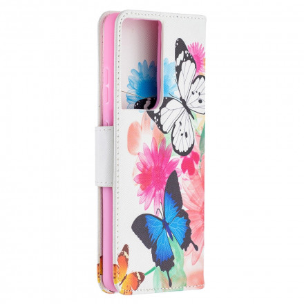 Housse Samsung Galaxy S21 Ultra 5G Papillons et Fleurs Peints Housse Samsung Galaxy S21 Ultra 5G Papillons et Fleurs Peints