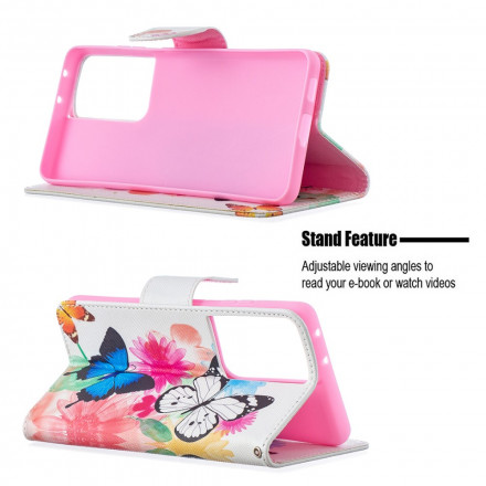Housse Samsung Galaxy S21 Ultra 5G Papillons et Fleurs Peints Housse Samsung Galaxy S21 Ultra 5G Papillons et Fleurs Peints