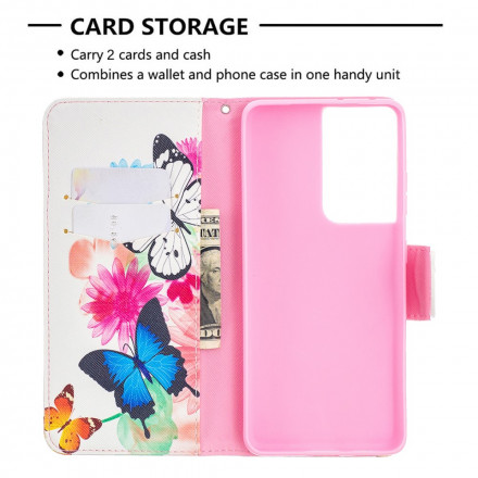 Housse Samsung Galaxy S21 Ultra 5G Papillons et Fleurs Peints Housse Samsung Galaxy S21 Ultra 5G Papillons et Fleurs Peints
