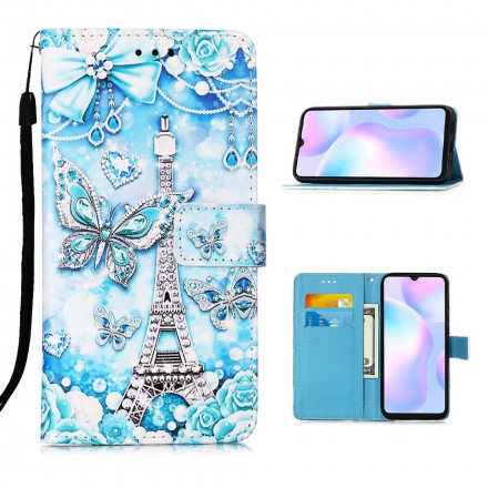Housse Xiaomi Redmi 9A Tour Eiffel Papillons à Lanière Housse Xiaomi Redmi 9A Tour Eiffel Papillons à Lanière