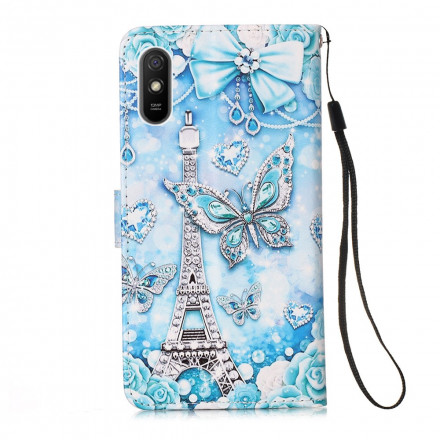 Housse Xiaomi Redmi 9A Tour Eiffel Papillons à Lanière