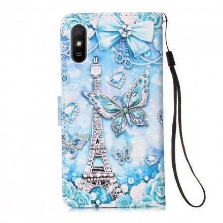 Housse Xiaomi Redmi 9A Tour Eiffel Papillons à Lanière Housse Xiaomi Redmi 9A Tour Eiffel Papillons à Lanière