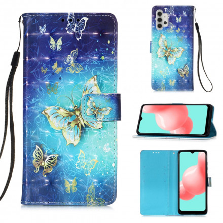 Housse Samsung Galaxy A32 5G Papillons Dorés à Lanière