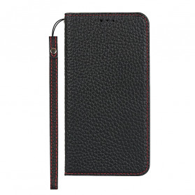 Flip Cover Google Pixel 4a Cuir Litchi Véritable à Lanière