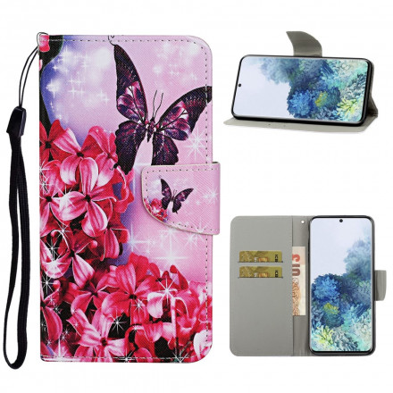 Housse Samsung Galaxy S21 Ultra 5G Papillons Floraux Lanière Housse Samsung Galaxy S21 Ultra 5G Papillons Floraux Lanière