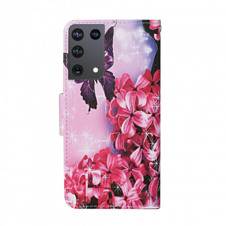 Housse Samsung Galaxy S21 Ultra 5G Papillons Floraux Lanière Housse Samsung Galaxy S21 Ultra 5G Papillons Floraux Lanière