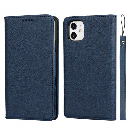 Flip Cover iPhone 11 Cuir Litchi Véritable à Lanière Flip Cover iPhone 11 Cuir Litchi Véritable à Lanière