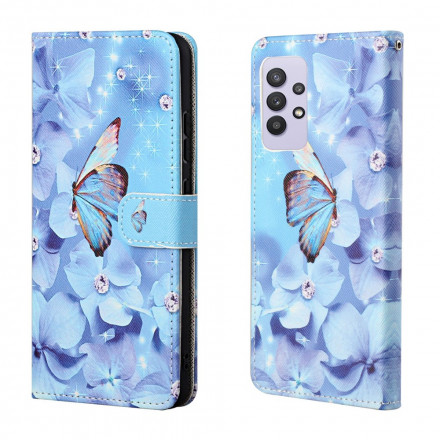 Housse Samsung Galaxy A32 4G Papillons Diamants à Lanière Housse Samsung Galaxy A32 4G Papillons Diamants à Lanière