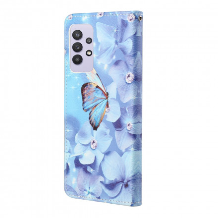 Housse Samsung Galaxy A32 4G Papillons Diamants à Lanière Housse Samsung Galaxy A32 4G Papillons Diamants à Lanière