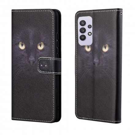 Housse Samsung Galaxy A32 4G Yeux de Chat Noir à Lanière Housse Samsung Galaxy A32 4G Yeux de Chat Noir à Lanière