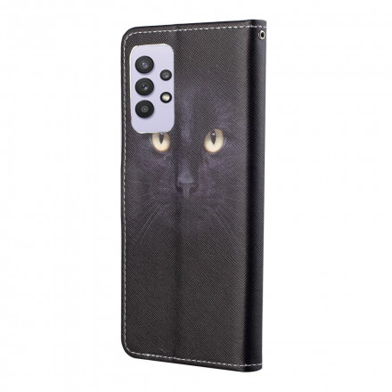 Housse Samsung Galaxy A32 4G Yeux de Chat Noir à Lanière Housse Samsung Galaxy A32 4G Yeux de Chat Noir à Lanière