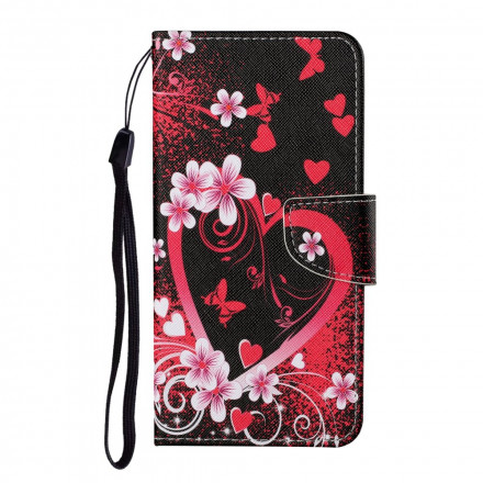 Housse Samsung Galaxy A12 Fleurs et Coeurs avec Lanière Housse Samsung Galaxy A12 Fleurs et Coeurs avec Lanière