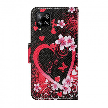 Housse Samsung Galaxy A12 Fleurs et Coeurs avec Lanière