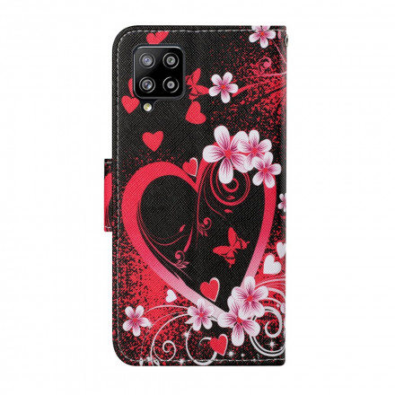 Housse Samsung Galaxy A12 Fleurs et Coeurs avec Lanière Housse Samsung Galaxy A12 Fleurs et Coeurs avec Lanière