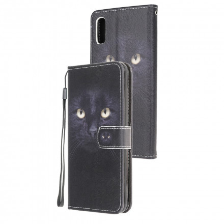 Housse Samsung Galaxy XCover 5 Yeux de Chat Noir à Lanière Housse Samsung Galaxy XCover 5 Yeux de Chat Noir à Lanière