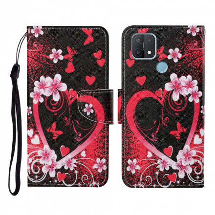 Housse Oppo A15 Fleurs et Coeurs avec Lanière