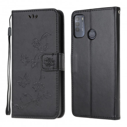 Housse Moto G50 Papillons et Fleurs à Lanière Housse Moto G50 Papillons et Fleurs à Lanière