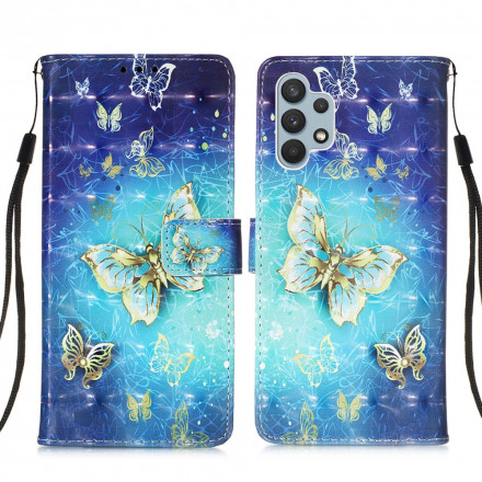 Housse Samsung Galaxy A32 4G Papillons Dorés Lanière Housse Samsung Galaxy A32 4G Papillons Dorés Lanière