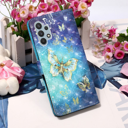 Housse Samsung Galaxy A32 4G Papillons Dorés Lanière