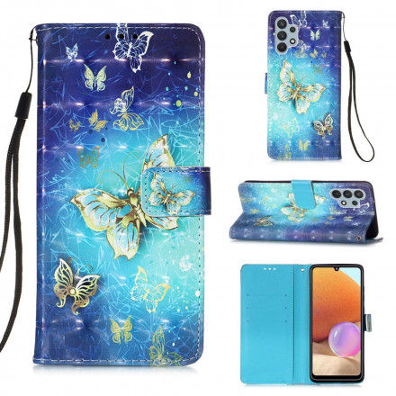 Housse Samsung Galaxy A32 4G Papillons Dorés Lanière