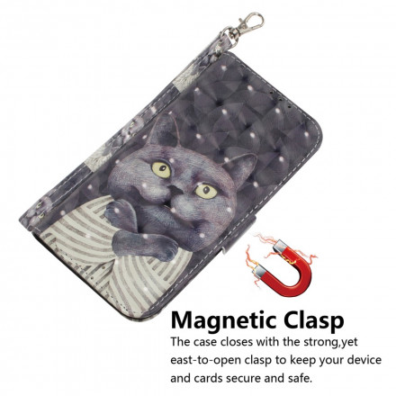Housse Moto G9 Play Chat Gris à Lanière Housse Moto G9 Play Chat Gris à Lanière