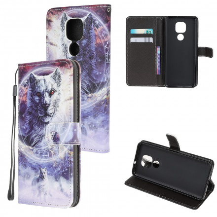 Housse Moto G9 Play Loup en Hiver avec Lanière Housse Moto G9 Play Loup en Hiver avec Lanière