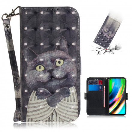 Housse Moto G9 Plus Chat Gris à Lanière Housse Moto G9 Plus Chat Gris à Lanière