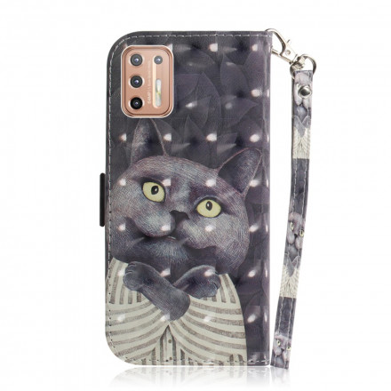 Housse Moto G9 Plus Chat Gris à Lanière Housse Moto G9 Plus Chat Gris à Lanière
