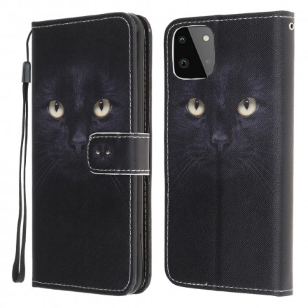 Housse Samsung Galaxy A22 5G Yeux de Chat Noir à Lanière