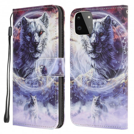Housse Samsung Galaxy A22 5G Loup en Hiver avec Lanière Housse Samsung Galaxy A22 5G Loup en Hiver avec Lanière