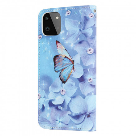 Housse Samsung Galaxy A22 5G Papillons Diamants à Lanière Housse Samsung Galaxy A22 5G Papillons Diamants à Lanière