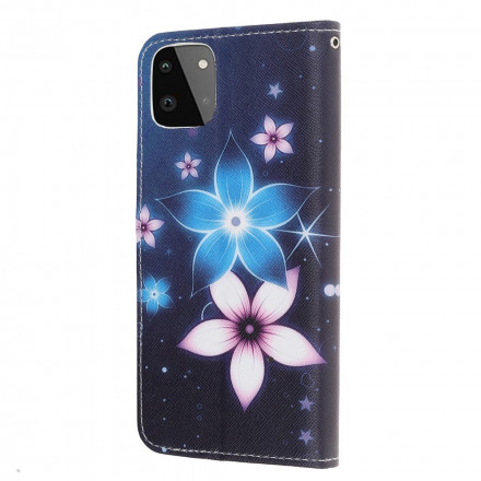 Housse Samsung Galaxy A22 5G Fleurs Lunaires à Lanière