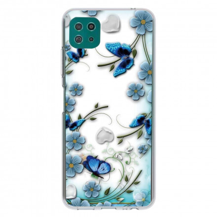 Coque Samsung Galaxy A22 5G Transparente Papillons et Fleurs Rétros