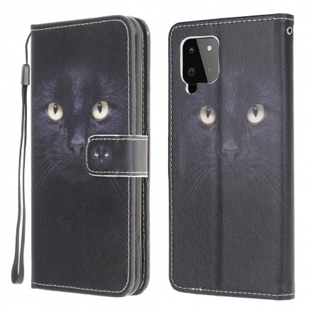 Housse Samsung Galaxy A22 4G Yeux de Chat Noir à Lanière Housse Samsung Galaxy A22 4G Yeux de Chat Noir à Lanière