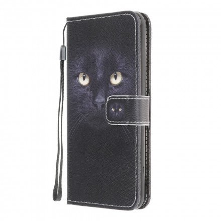 Housse Samsung Galaxy A22 4G Yeux de Chat Noir à Lanière