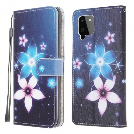 Housse Samsung Galaxy A22 4G Fleurs Lunaires à Lanière