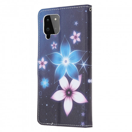 Housse Samsung Galaxy A22 4G Fleurs Lunaires à Lanière Housse Samsung Galaxy A22 4G Fleurs Lunaires à Lanière