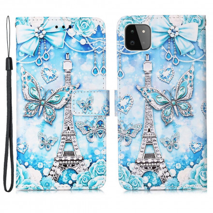 Housse Samsung Galaxy A22 5G Tour Eiffel Papillons à Lanière
