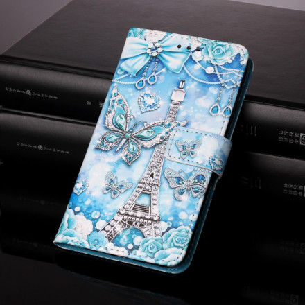 Housse Samsung Galaxy A22 5G Tour Eiffel Papillons à Lanière