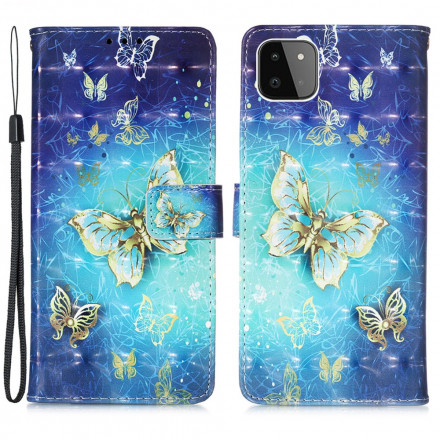 Housse Samsung Galaxy A22 5G Papillons Dorés à Lanière
