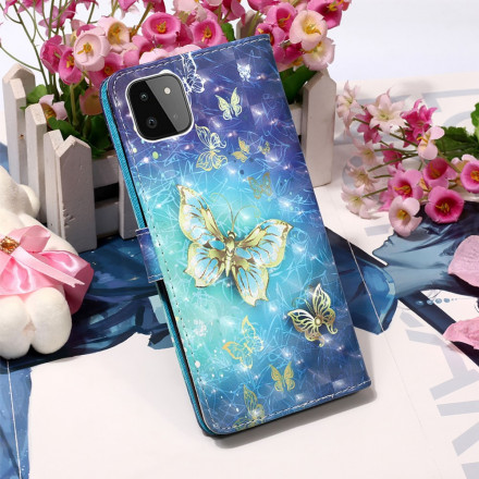 Housse Samsung Galaxy A22 5G Papillons Dorés à Lanière