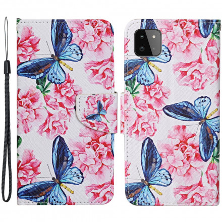 Housse Samsung Galaxy A22 5G Papillons Floraux Lanière Housse Samsung Galaxy A22 5G Papillons Floraux Lanière