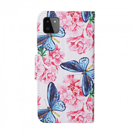 Housse Samsung Galaxy A22 5G Papillons Floraux Lanière