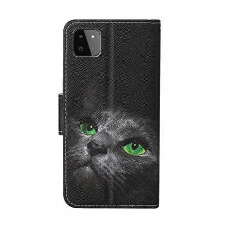 Housse Samsung Galaxy A22 Chat aux Yeux Verts avec Lanière Housse Samsung Galaxy A22 Chat aux Yeux Verts avec Lanière
