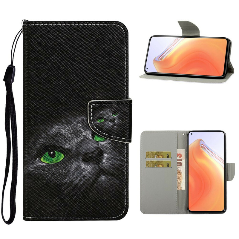 Housse Xiaomi Mi 10T / 10T Pro Chat aux Yeux Verts avec Lanière Housse Xiaomi Mi 10T / 10T Pro Chat aux Yeux Verts avec Lanière