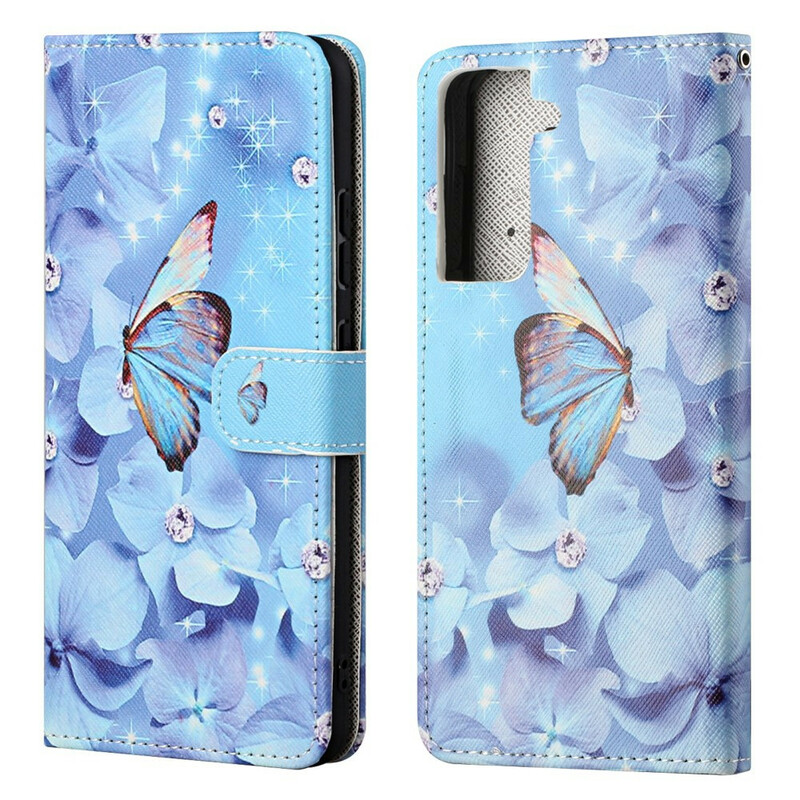 Housse Samsung Galaxy S21 FE Papillons Diamants à Lanière Housse Samsung Galaxy S21 FE Papillons Diamants à Lanière