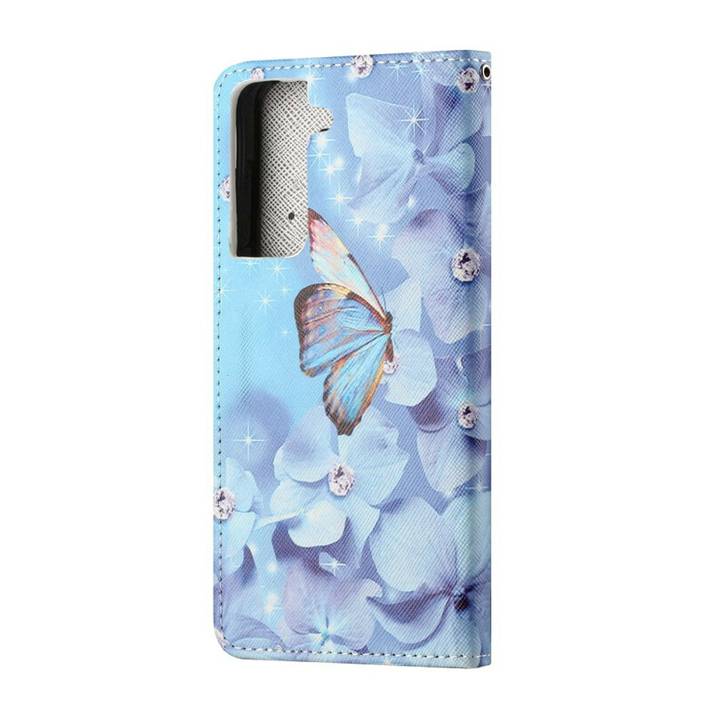 Housse Samsung Galaxy S21 FE Papillons Diamants à Lanière Housse Samsung Galaxy S21 FE Papillons Diamants à Lanière
