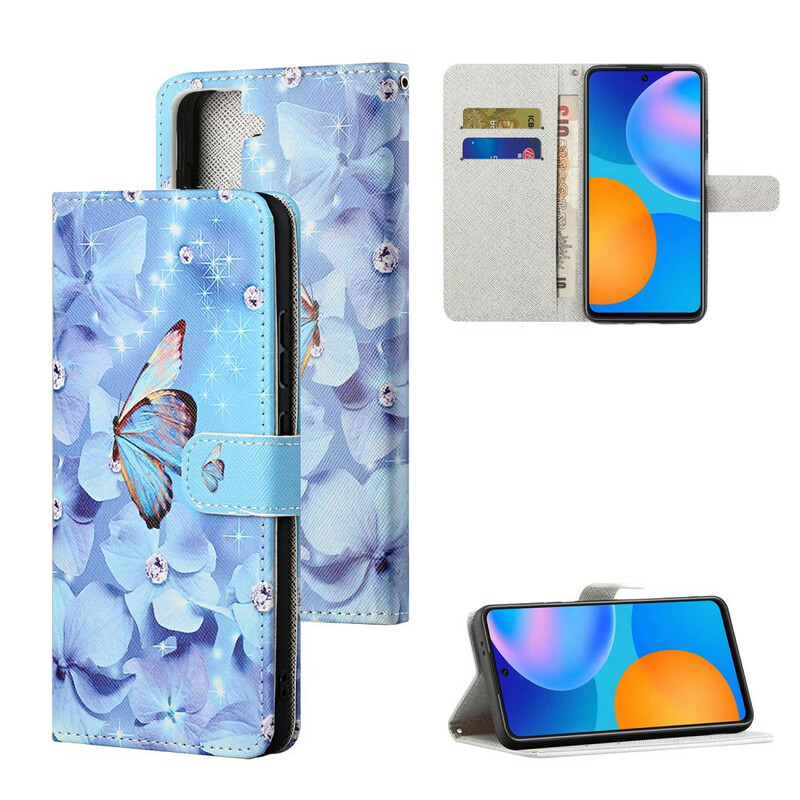Housse Samsung Galaxy S21 FE Papillons Diamants à Lanière Housse Samsung Galaxy S21 FE Papillons Diamants à Lanière