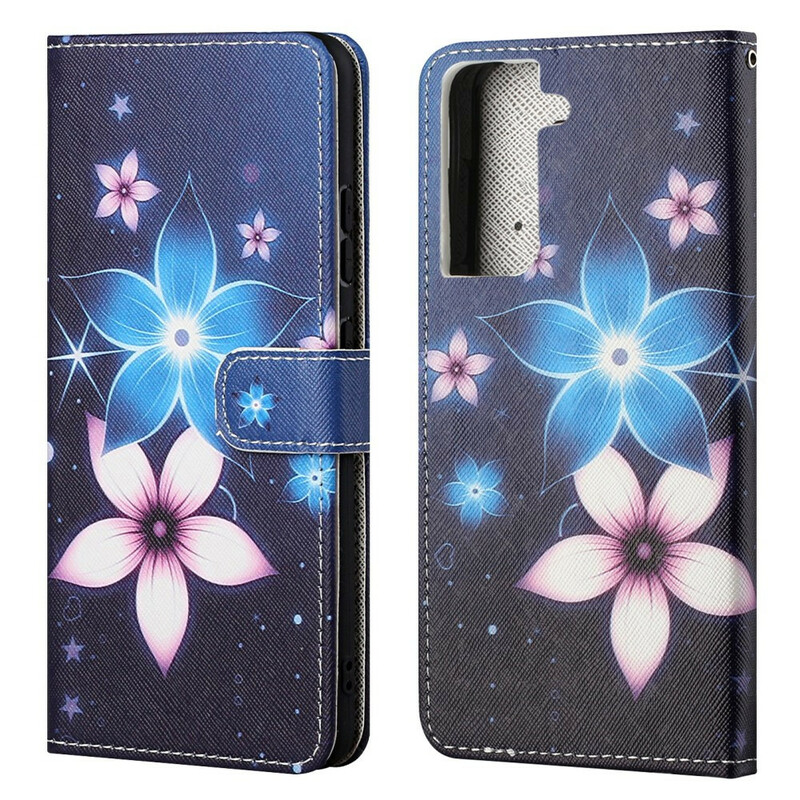 Housse Samsung Galaxy S21 FE Fleurs Lunaires à Lanière Housse Samsung Galaxy S21 FE Fleurs Lunaires à Lanière